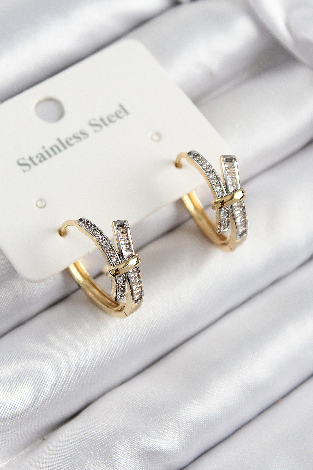 316L Çelik Zirkon Taşlı Düğüm Halka Model Gold Ve Gümüş Renk Kadın Küpe