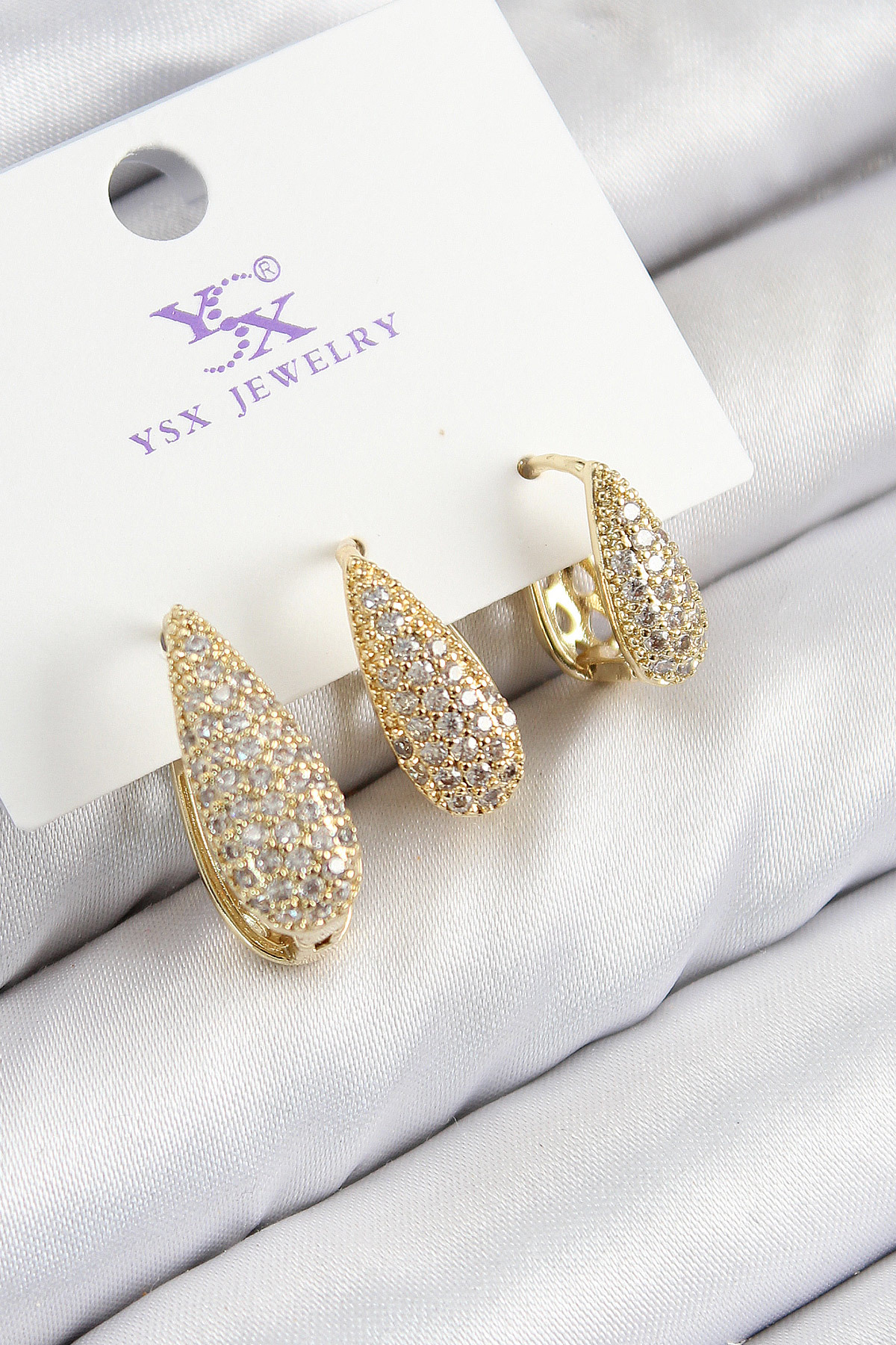 Pirinç Zirkon Taşlı 3'lü Damla Model Gold Renk Kadın Küpe